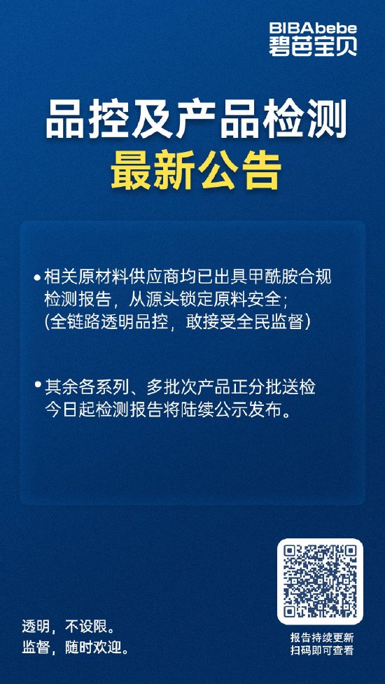 碧芭宝贝纸尿裤最新检测结果：主力款未检出甲酰胺，剩余批次随出随公示